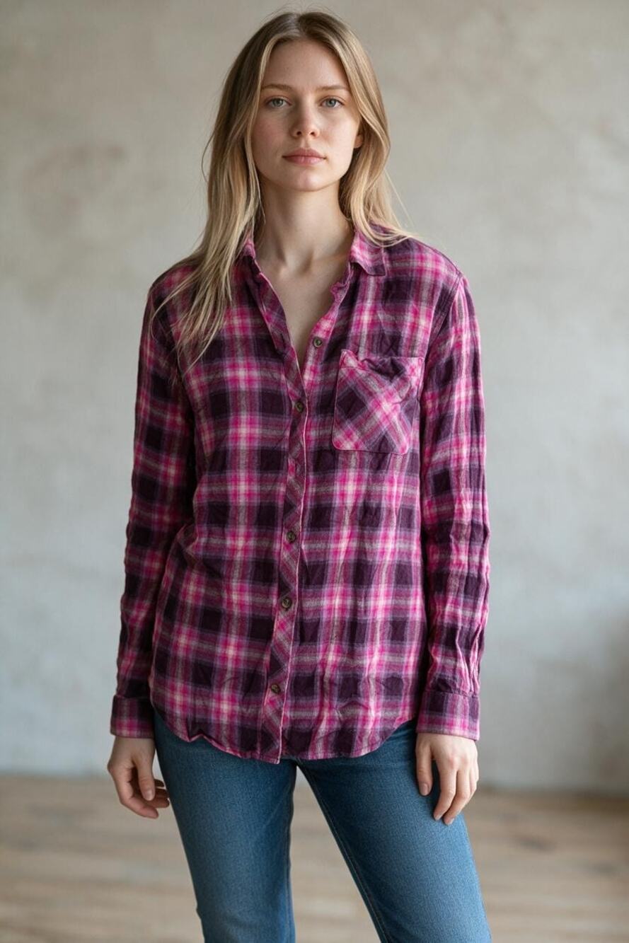 EDDIE BAUER Top Size M Fuchsia Purple Plaid Button Down Long Sleeve Collared